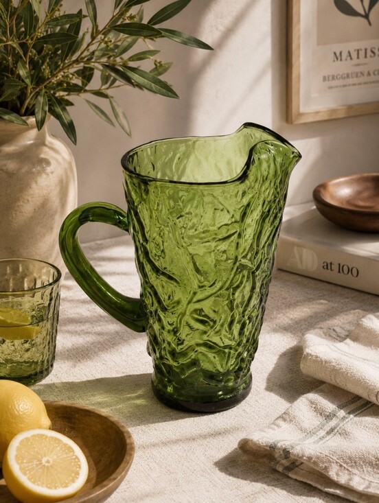 Vintage Other - Vintage Olive Green Textured Glass Pitcher 64 oz